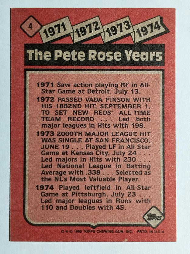 1986 Topps #4 Pete Rose Special: '71-'74
