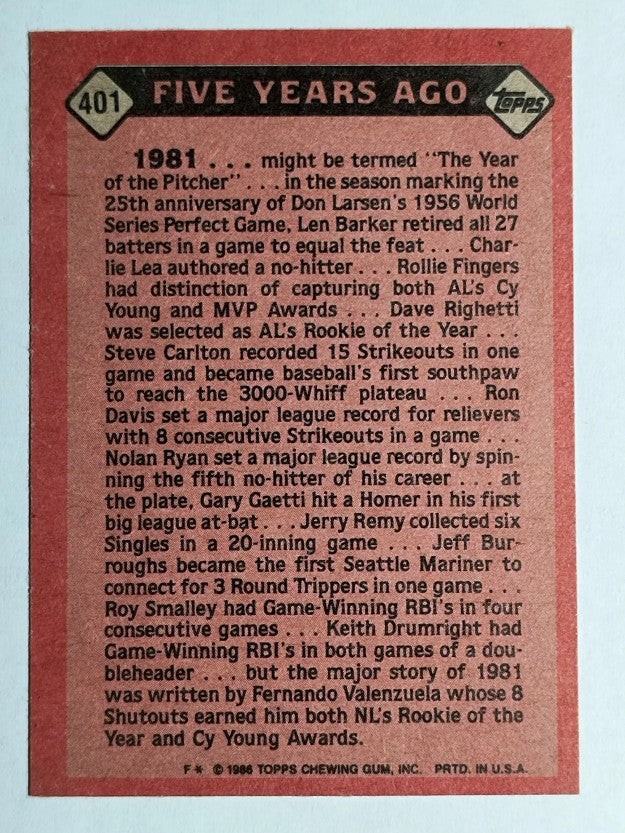 1986 Topps #401 Fernando Valenzuela TBC '81