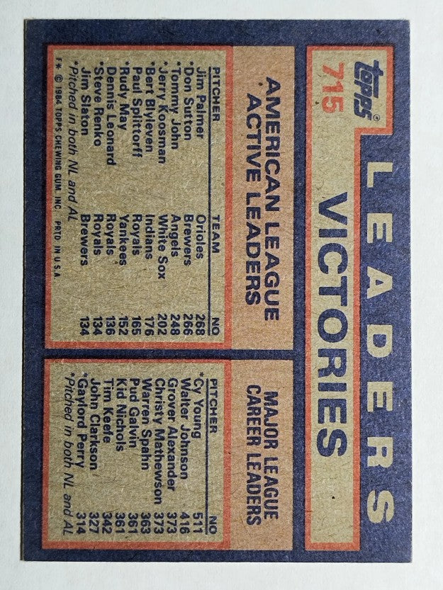 1984 Topps #715 Jim Palmer/Don Sutton/Tommy John LL
