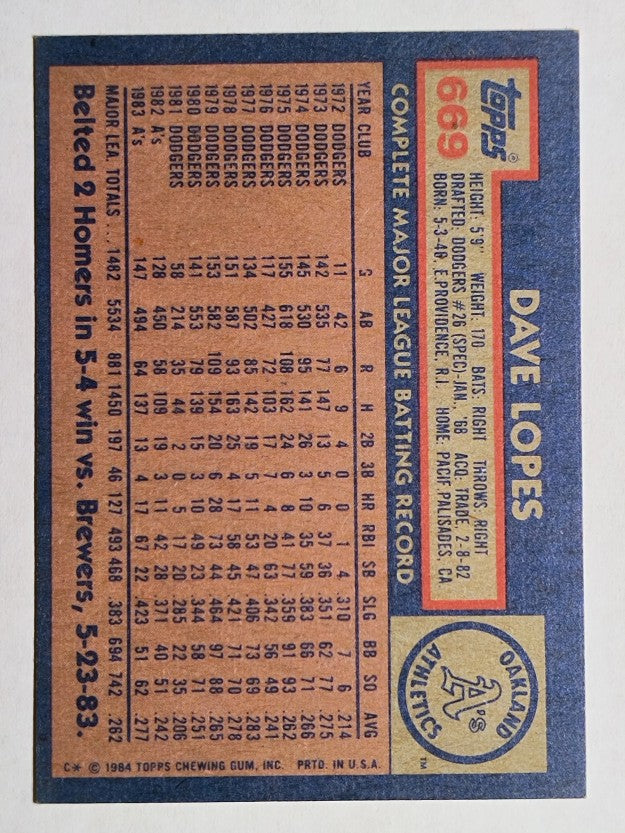 1984 Topps #669 Dave Lopes