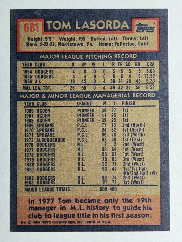 1984 Topps #681 Tom Lasorda MG