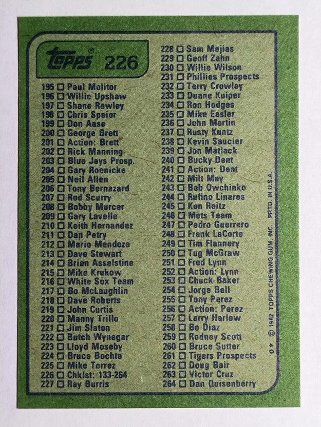 1982 Topps #226 Checklist 133-264