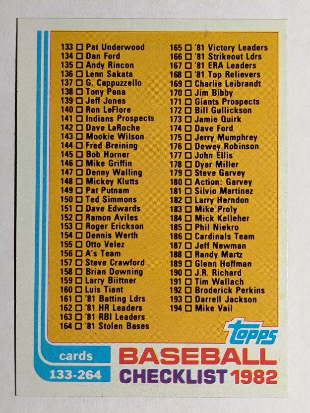 1982 Topps #226 Checklist 133-264