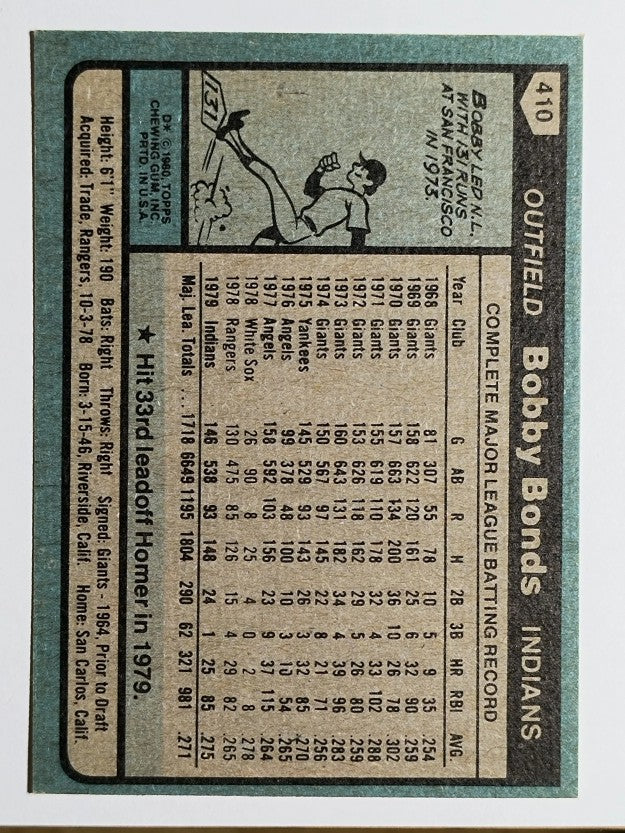 1980 Topps #410 Bobby Bonds (MINT)