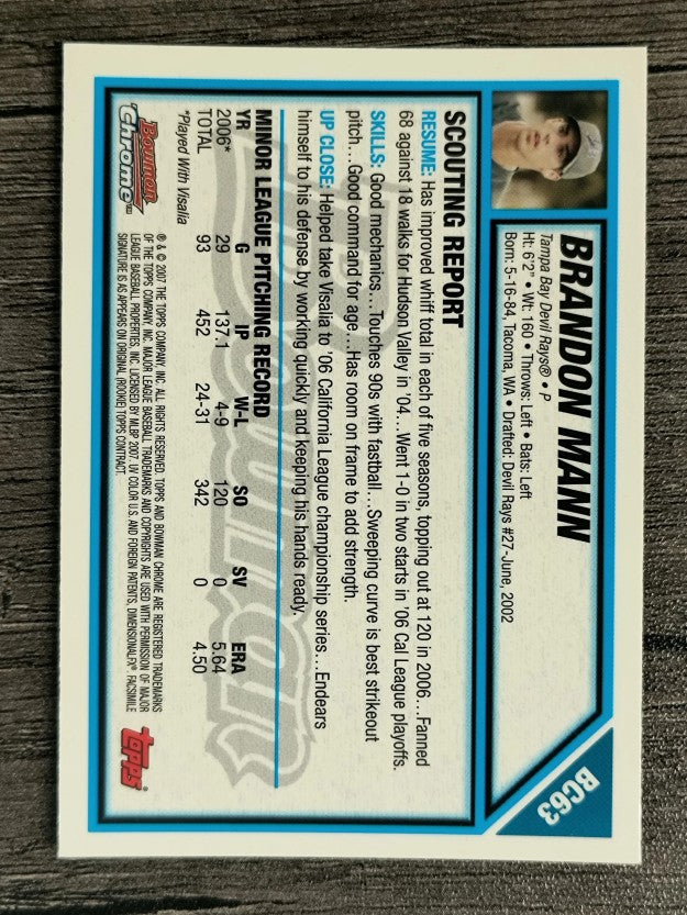 2007 Bowman Chrome Prospects #BC63 Brandon Mann