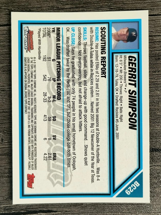 2007 Bowman Chrome Prospects #BC29 Gerrit Simpson