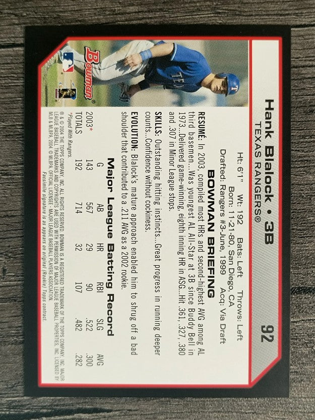 2004 Bowman #92 Hank Blalock