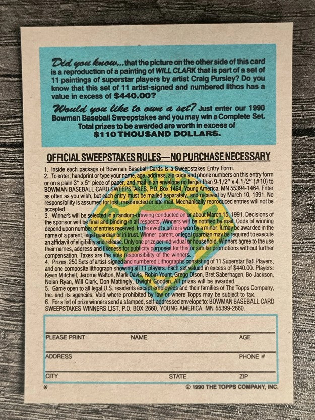 1990 Bowman Art Inserts #1 Will Clark