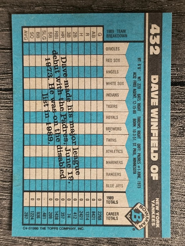 1990 Bowman #432 Dave Winfield