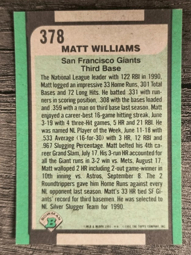 1991 Bowman #378 Matt Williams SLUG