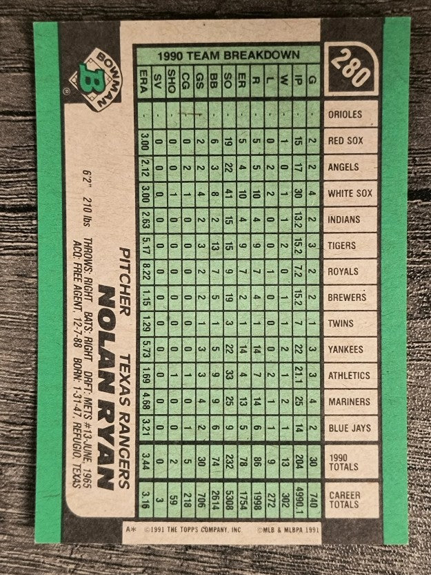 1991 Bowman #280 Nolan Ryan
