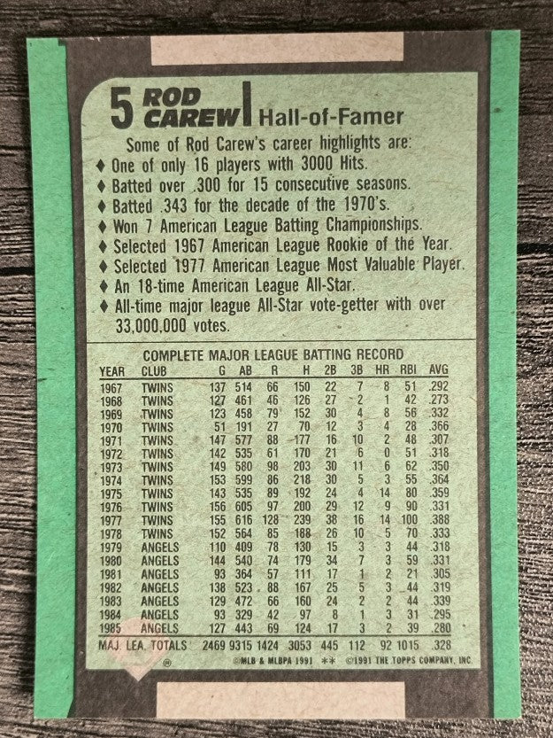 1991 Bowman #5 Rod Carew V