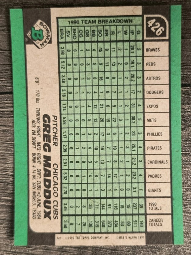 1991 Bowman #426 Greg Maddux