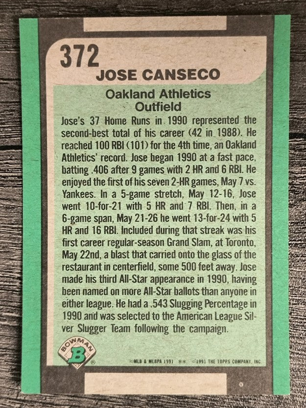 1991 Bowman #372 Jose Canseco SLUG