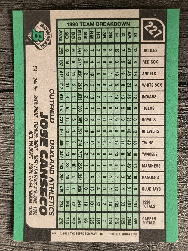 1991 Bowman #227 Jose Canseco