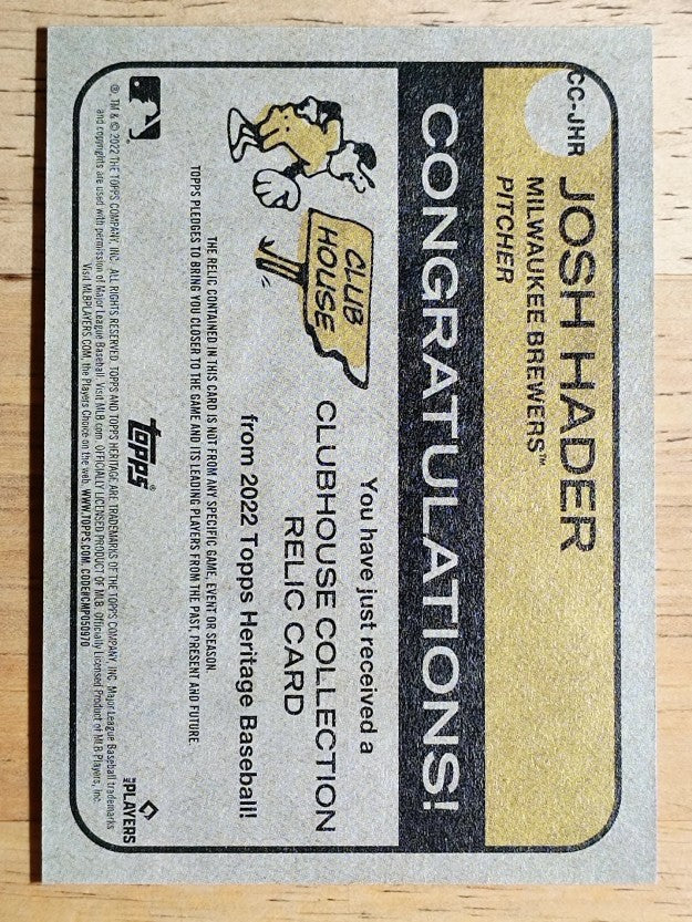 2022 Topps Heritage Clubhouse Collection Relics #CCJHR Josh Hader