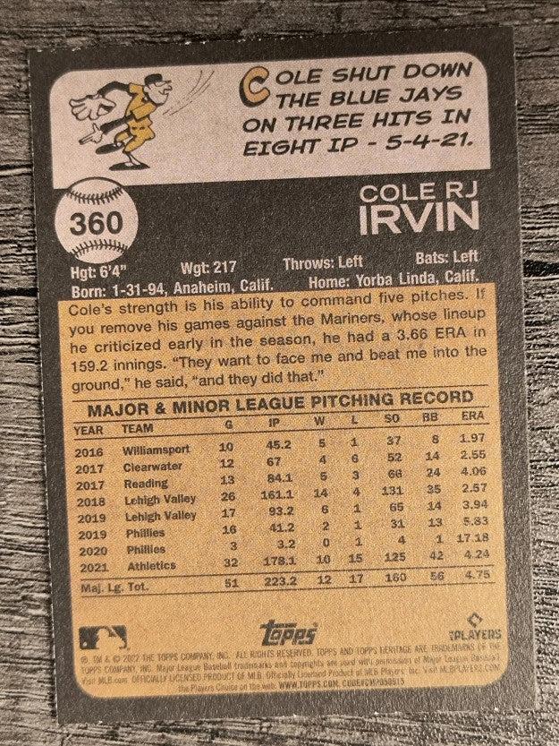 2022 Topps Heritage #360 Cole Irvin