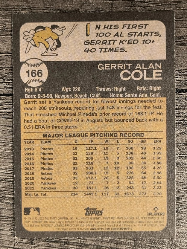 2022 Topps Heritage #166 Gerrit Cole