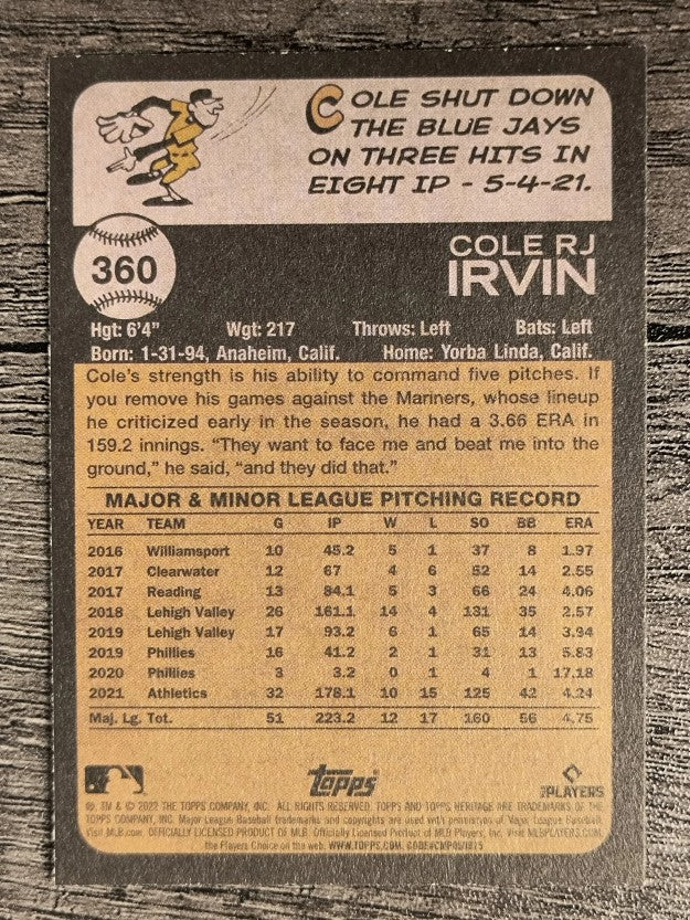 2022 Topps Heritage #360 Cole Irvin