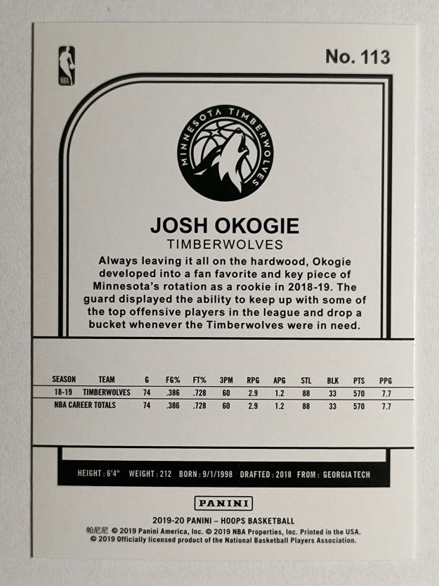 2019-20 Hoops Purple #113 Josh Okogie
