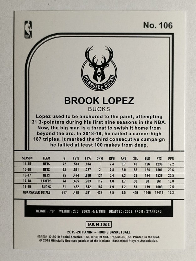 2019-20 Hoops Purple #106 Brook Lopez