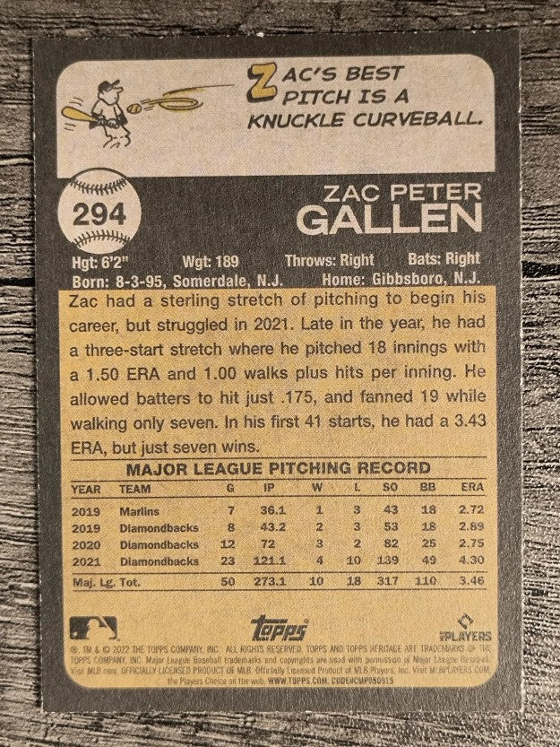 2022 Topps Heritage #294 Zac Gallen