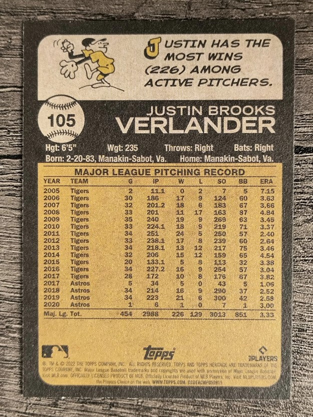 2022 Topps Heritage #105 Justin Verlander