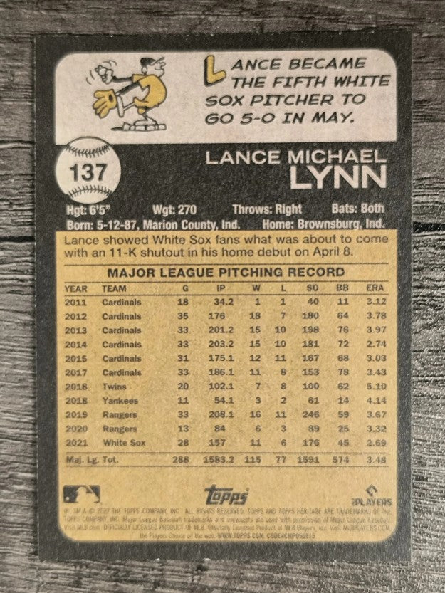 2022 Topps Heritage #137 Lance Lynn