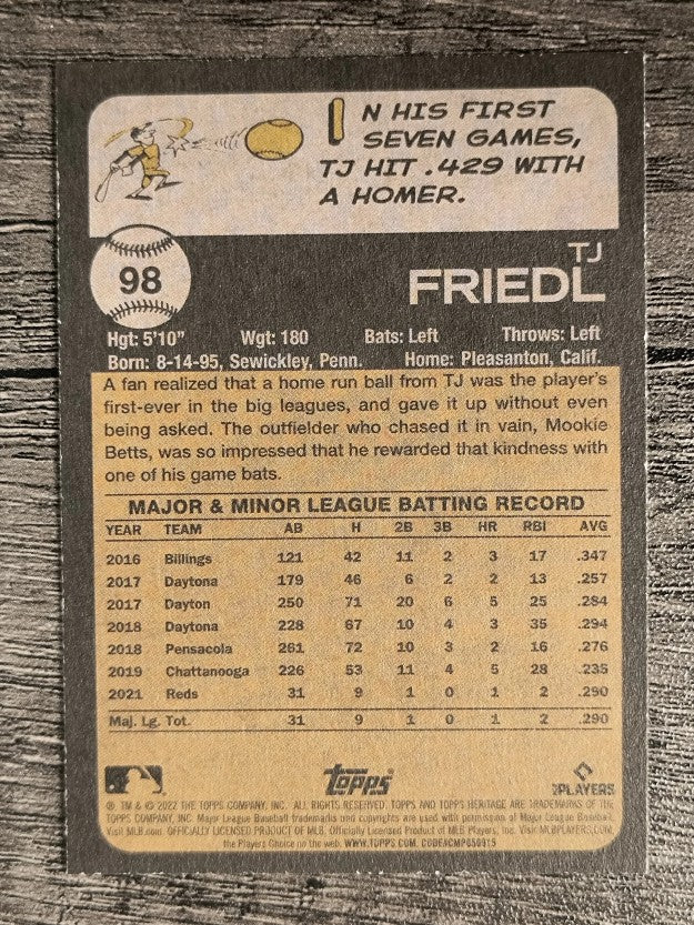 2022 Topps Heritage #98 TJ Friedl RC
