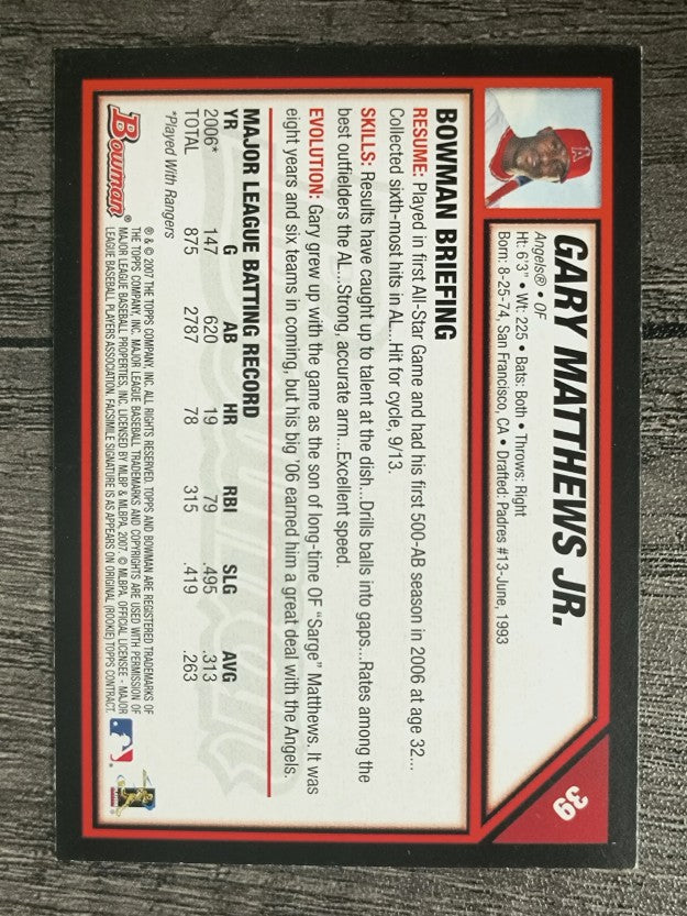 2007 Bowman #39 Gary Matthews Jr.