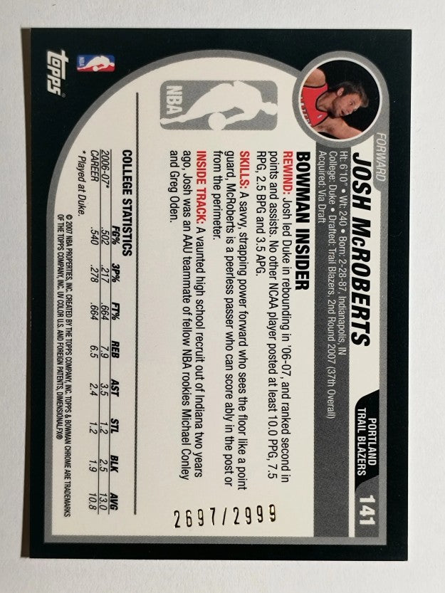 2007-08 Bowman Chrome #141 Josh McRoberts RC