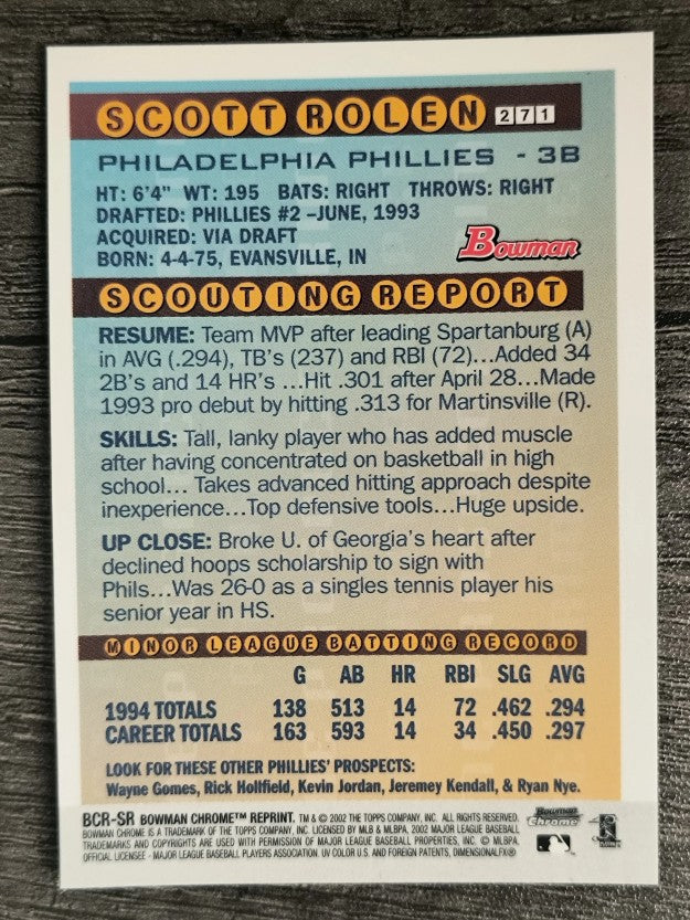 2002 Bowman Chrome Reprints #BCRSR Scott Rolen 95
