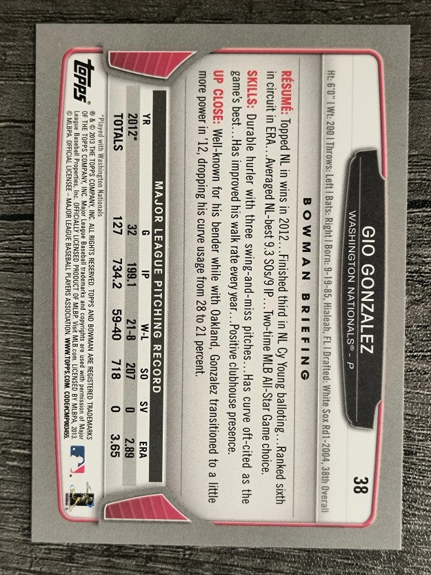 2013 Bowman Gold #38 Gio Gonzalez