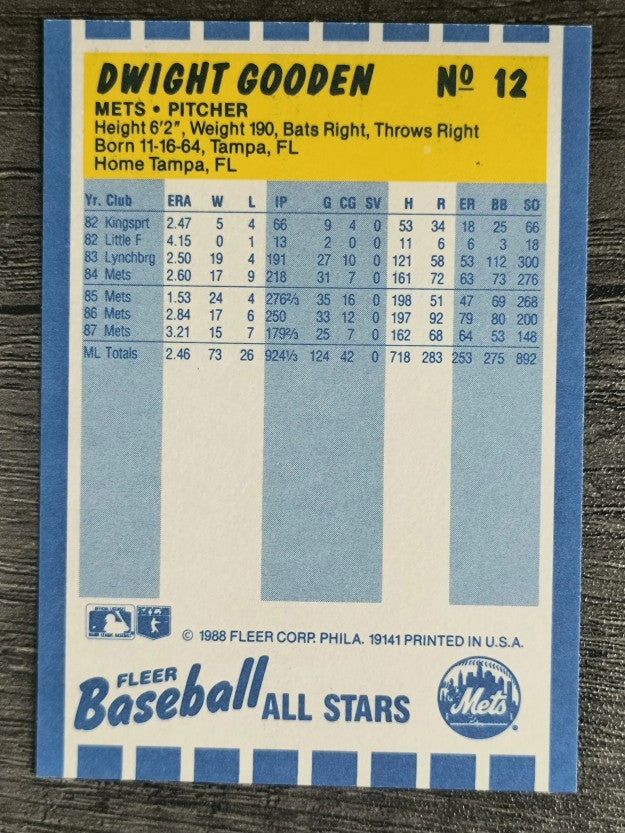 1988 Fleer Baseball All-Stars #12 Dwight Gooden