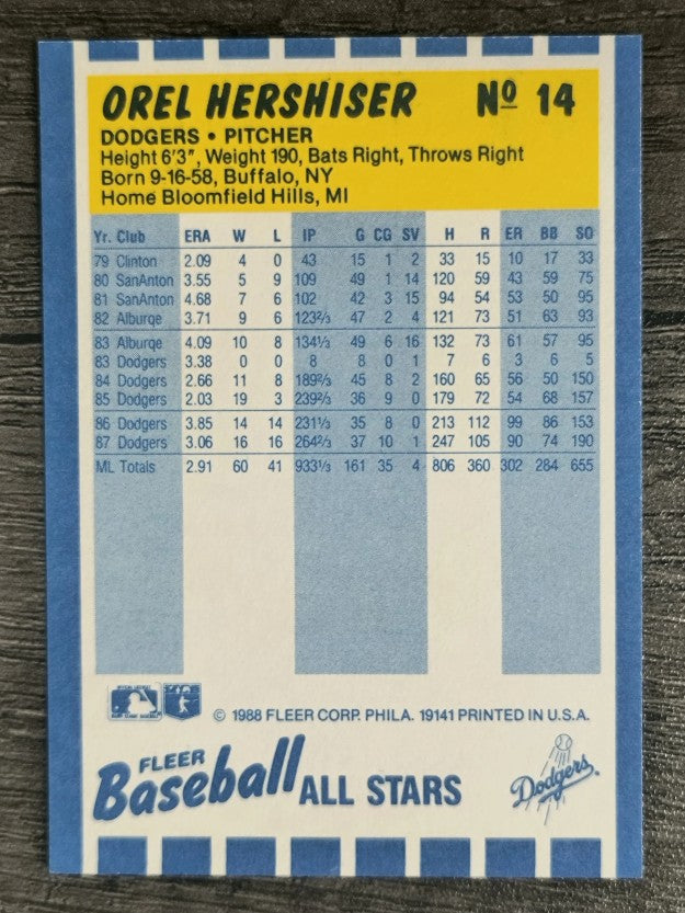 1988 Fleer Baseball All-Stars #14 Orel Hershiser
