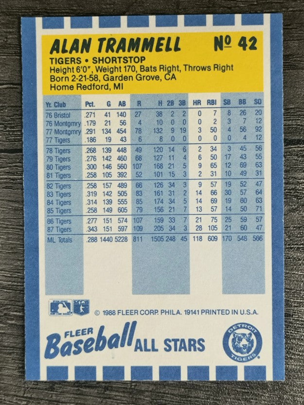 1988 Fleer Baseball All-Stars #42 Alan Trammell