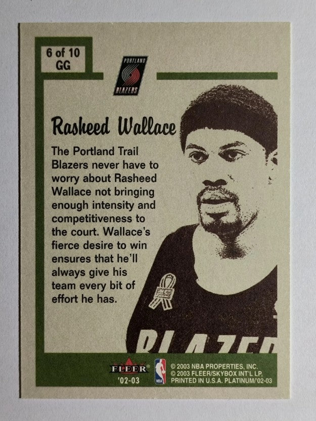 2002-03 Fleer Platinum Guts and Glory #6GG Rasheed Wallace