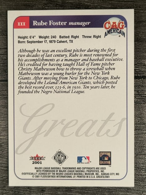 2001 Greats of the Game #111 Rube Foster