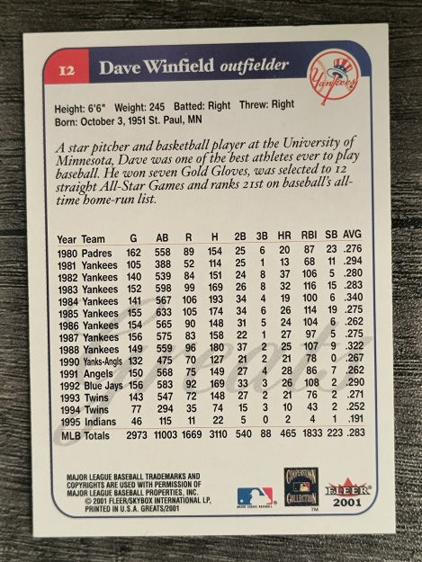 2001 Greats of the Game #12 Dave Winfield