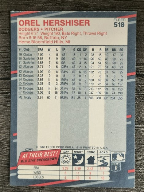 1988 Fleer #518 Orel Hershiser