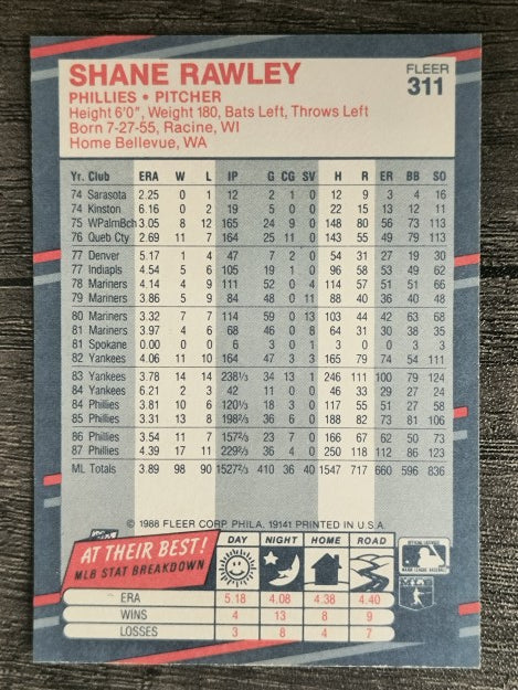 1988 Fleer #311 Shane Rawley