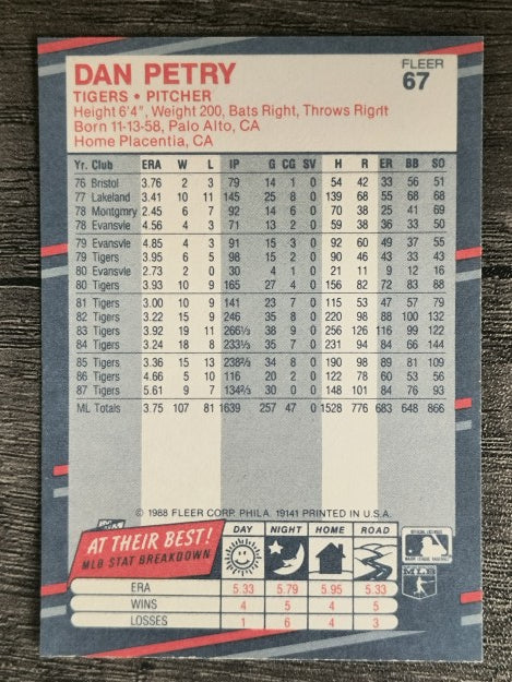 1988 Fleer #67 Dan Petry