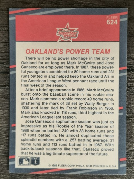 1988 Fleer #624 Mark McGwire/Jose Canseco