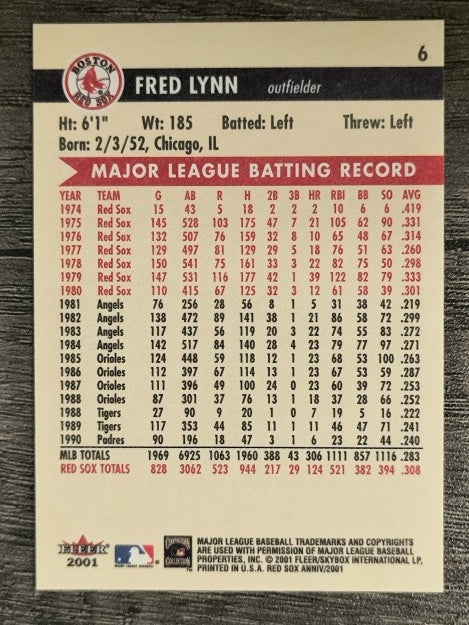 2001 Fleer Red Sox 100th #6 Fred Lynn