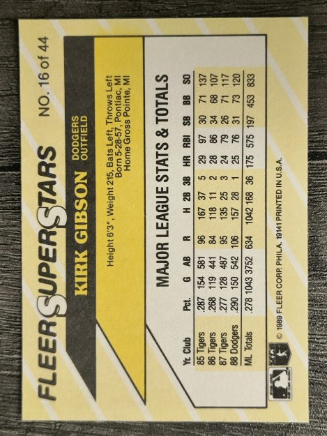 1989 Fleer Superstars #16 Kirk Gibson