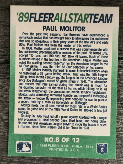 1989 Fleer All-Stars #8 Paul Molitor