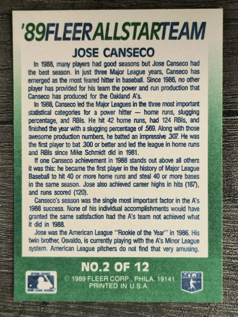 1989 Fleer All-Stars #2 Jose Canseco