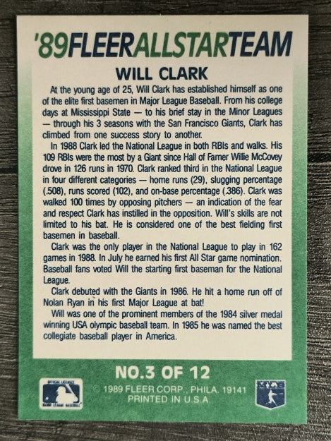1989 Fleer All-Stars #3 Will Clark