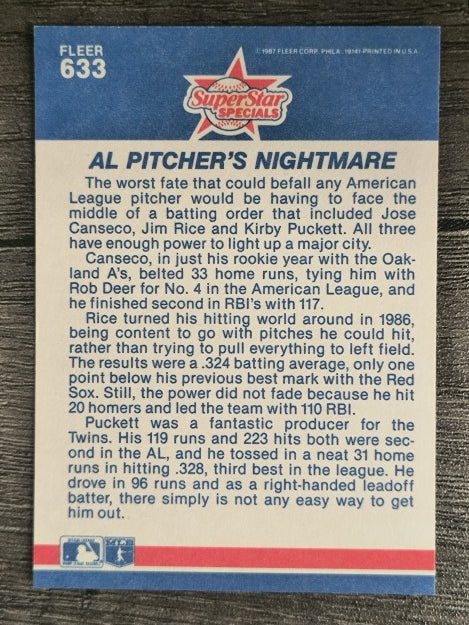1987 Fleer #633 Jose Canseco/Jim Rice/Kirby Puckett