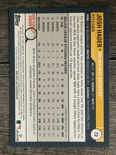 2021 Topps Big League #72 Josh Hader